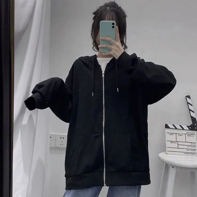 Autumn Womens Zipper Hoodie High Street Double Pockets Sweatshirts Outerwear Top Woman Grey Oversize Loose Hoodies Ladies 240806