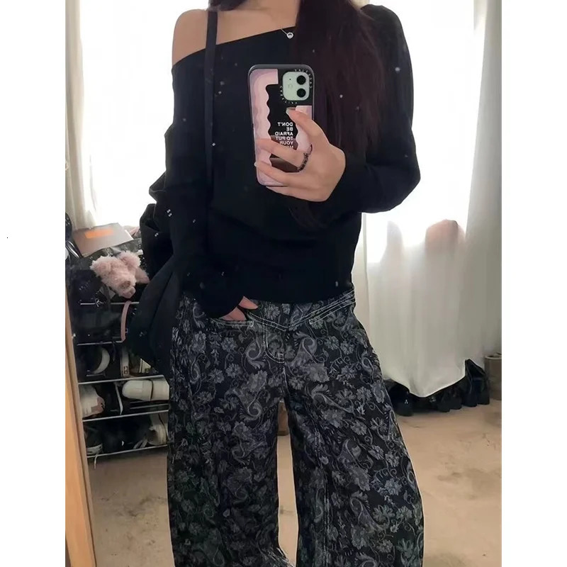 Womens Flower Print Baggy Jeans Vintage Cowboy Pants Harajuku Straight Denim Trousers Y2k Trashy Japanese 2000s Style Clothes 240806