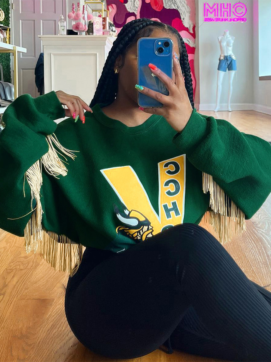 Women's autumn and winter new round neck long sleeved letter printed drawstring waist cinching short tassel sweatshirt