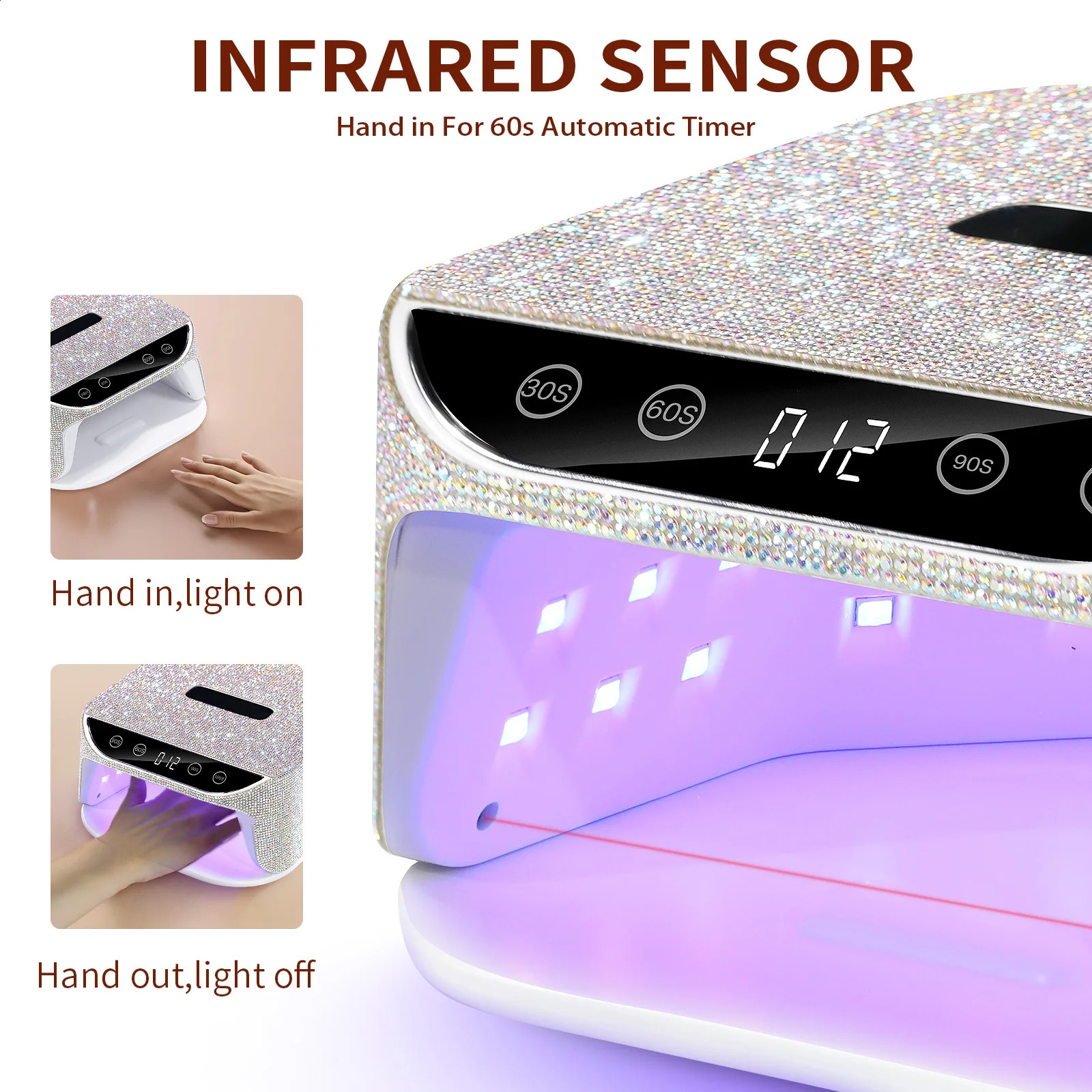 Diamond LED Nail Dryer Gel Nail Polish Glue 4 Timer Settings and With Auto Sensor Suitable for Manicure Pedicure Salon Tools 240729
