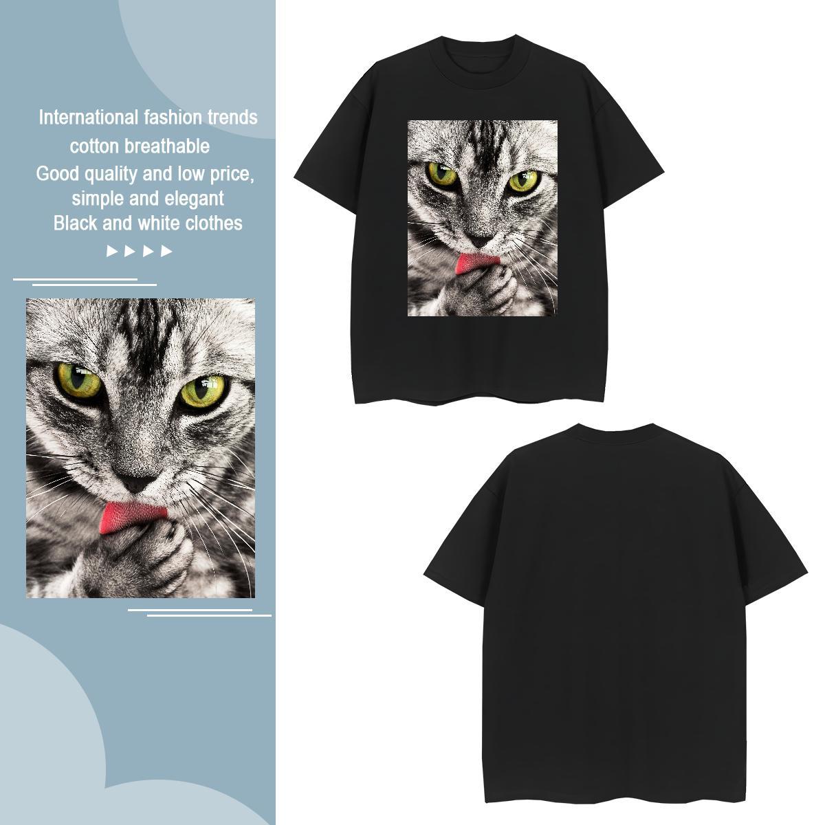 T-Shirts for Men 230g Pure Cotton cat Outdoor Crew Neck Breathable Anime Print Tshirts Customized Free Shipping Tee Shirt