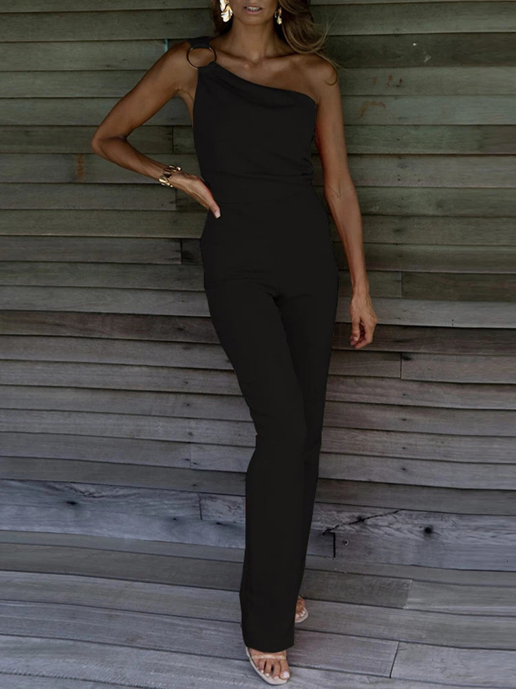 Sexy Backless Sleeveless Jumpsuit Summer Women Elegant Diagonal Collar One Shoulder Playsuits Fashion Solid Slim Ladies Rompers 240806