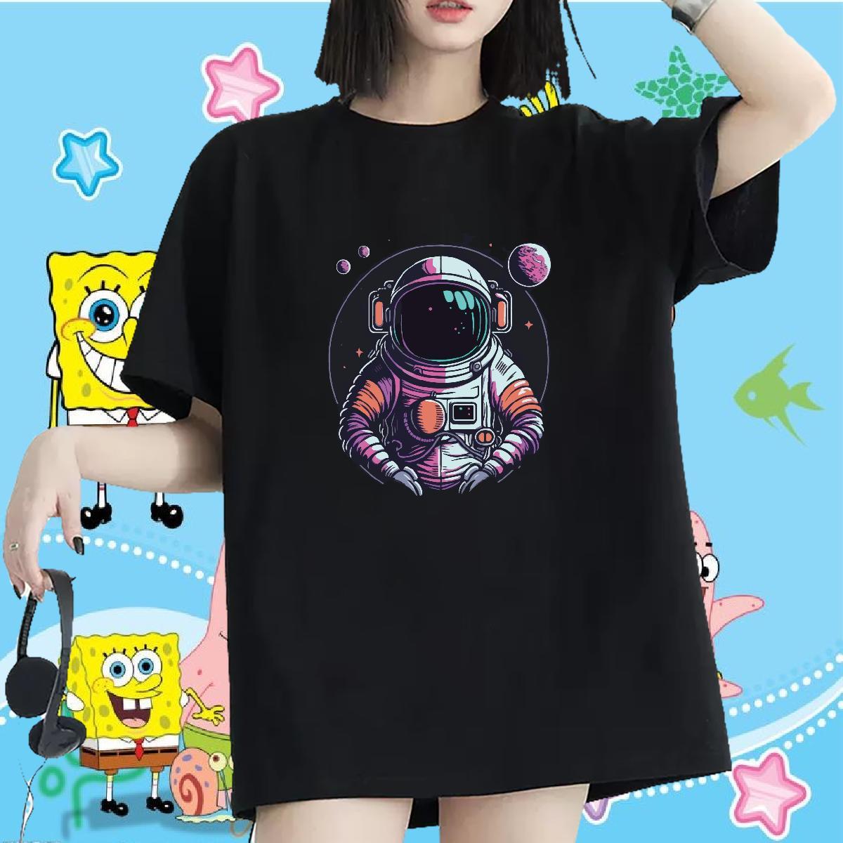 5A Unisex Tshirts 230g Pure Cotton cosmonaut Street Women T Shirts Breathable Short Sleeve Cartoon Floral Printing Tops