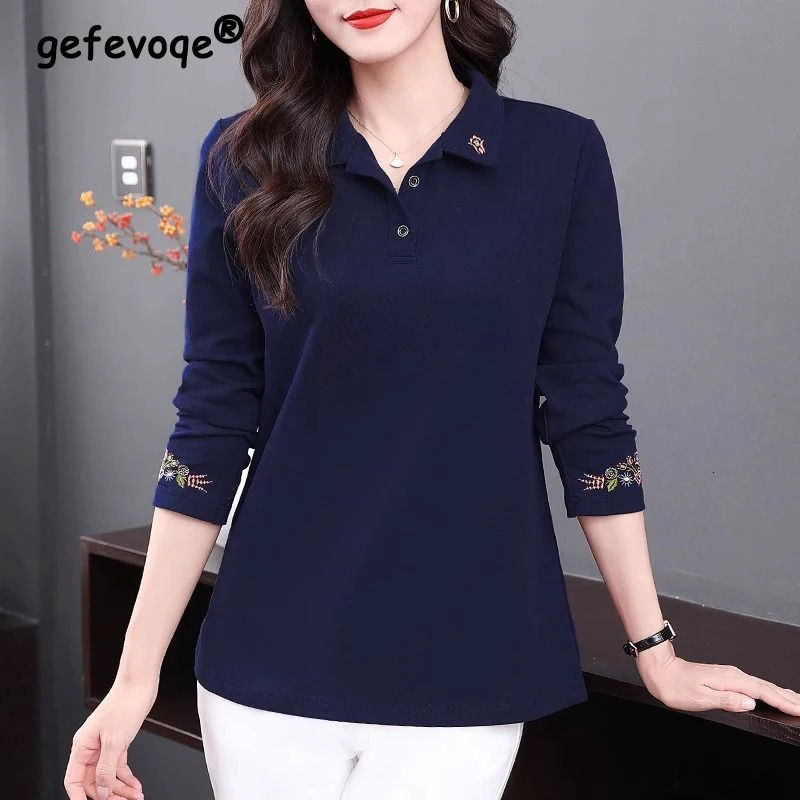 Womens Vintage Embroidery Polo Collar Elegant T-shirts Spring Autumn Korean Fashion Casual Long Sleeve Loose Tops Ropa De Mujer 240806