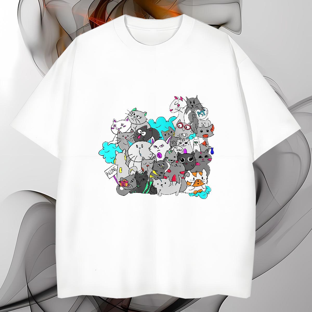 T-Shirts for Men 230g 100% Cotton cat Anime Printing Street Crew Neck DIY Anime Tshirts Fashion Casual Cool Design Wear