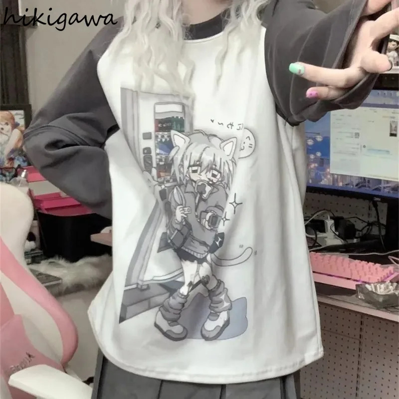 Japanese Oversized T Shirt Women Clothing Cute Anime Print Fashion Y2k Tops Ropa Mujer Casual Long Sleeve Summer T-shirts 240806
