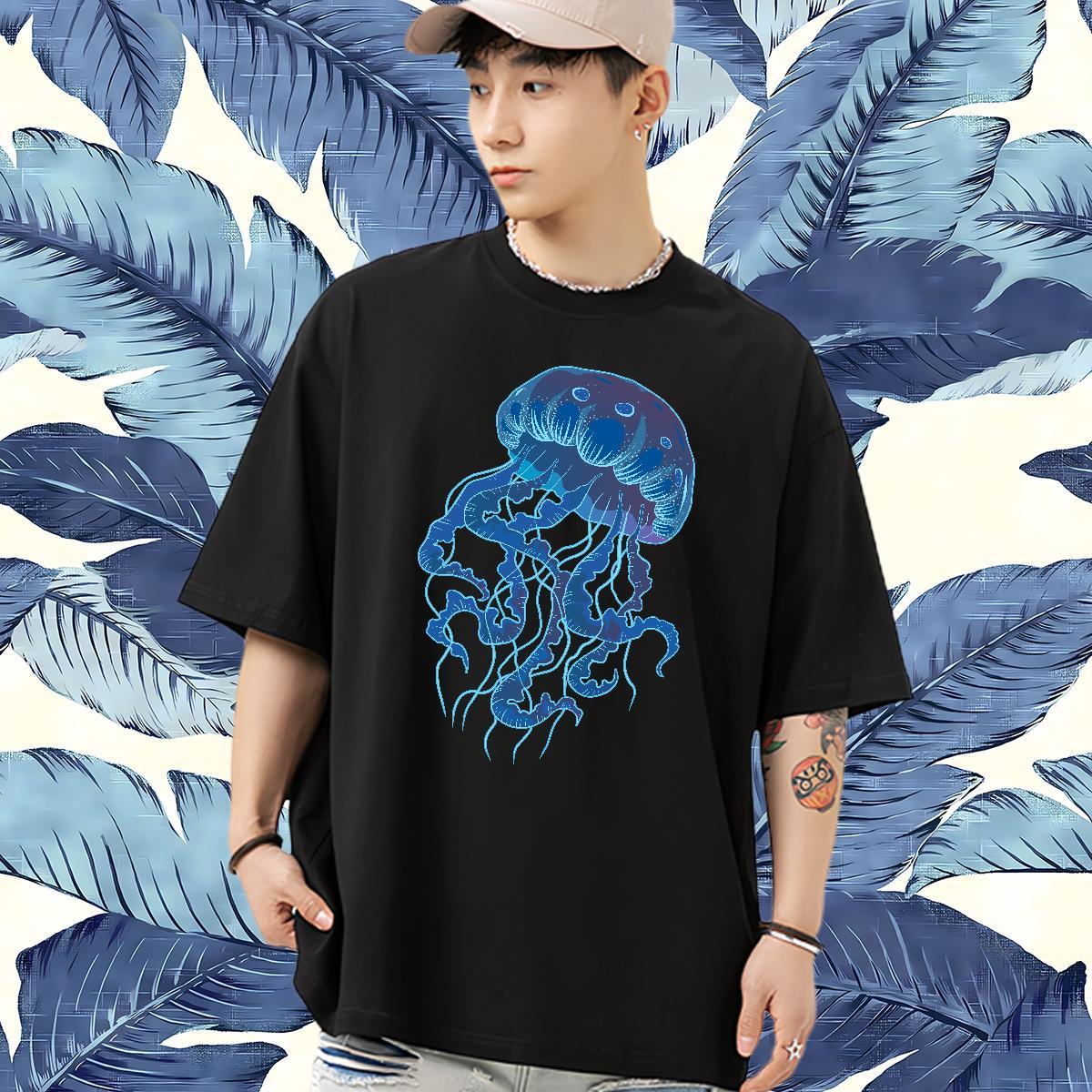 Classic Casual T Shirts Men 230g Pure Cotton jellyfish Spring Summer Wear Round Neck Short Sleeve TOP Quality Men Clothes T-Shirt Oversized