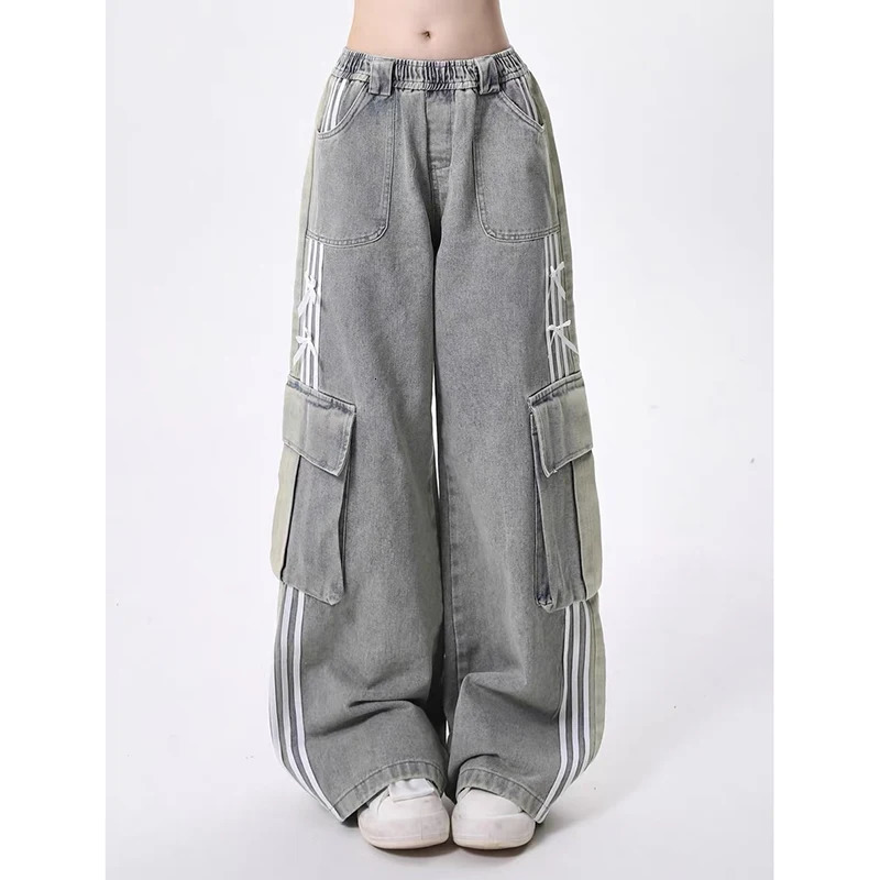 Womens Bow Y2k Cargo Jeans Harajuku Baggy Denim Trousers Aesthetic Jean Pants Vintage Japanese 2000s Style Trashy Clothes 240806