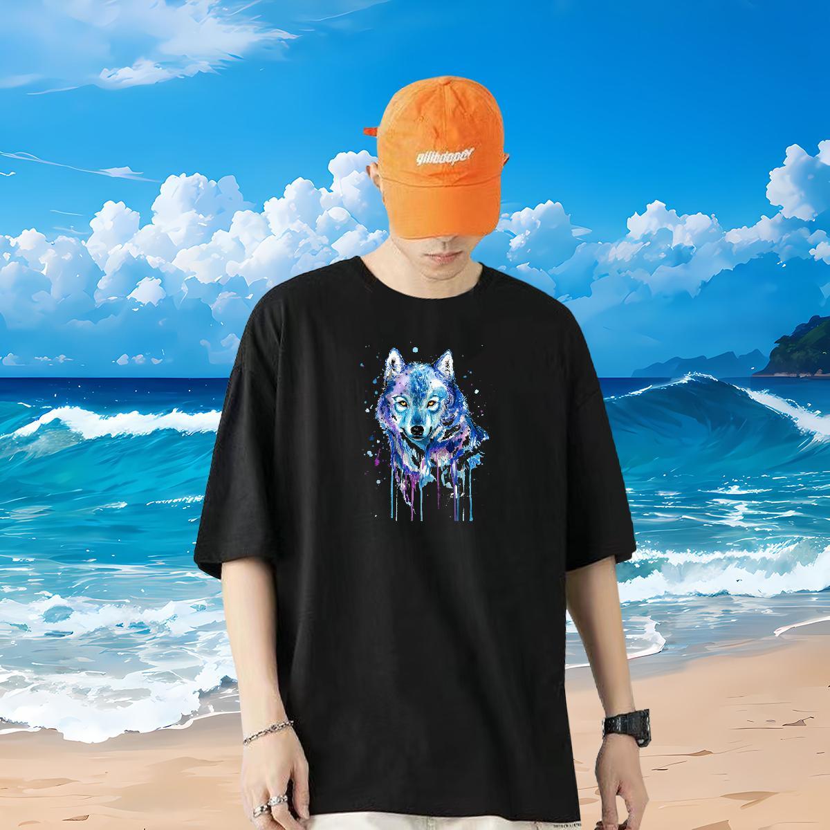 Factory Direct T-Shirts for Men 230g Pure Cotton wolf Street wear Hip Hop Wear Short Sleeve O-Neck Loose Tshirt for Man Woman Cartoon Printing L-4XL