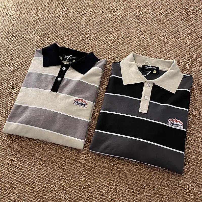 Cotton Japanese retro striped long-sleeved POLO shirt tops for men and women loose trendy couple BF style lapel sweatshirt 240806