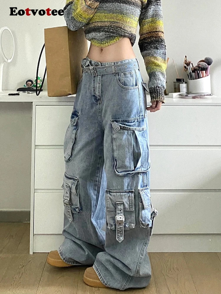 EOTVOTEE Women Casual Jeans American High Waist Street Style Baggy Cargo Pants Y2k Wide Leg Jeans Multiple Pockets Jeans 240806