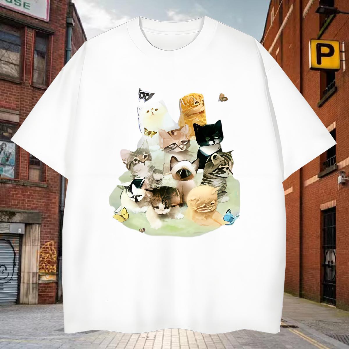 T Shirts Men 230g Pure Cotton cat Hip Hop Breathable Short Sleeve Plus Size Custom Men Tshirts 2024 New Wholesale Tops Shirt