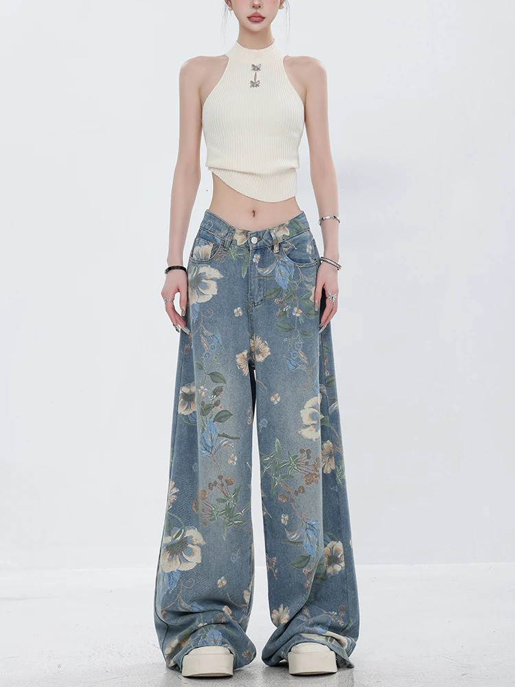 Fashion Printed Jeans Retro Floral Denim Mopping Trousers Korean Style High Street Loose Hip Hop Wide-leg Jean Pants 240806