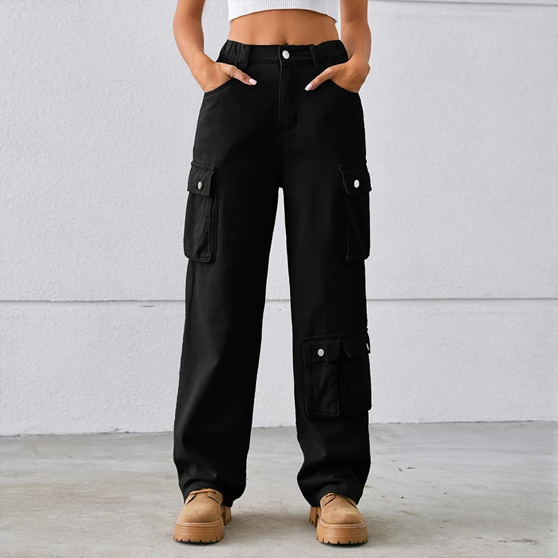 Syiwidii-Womens Cargo Pants Elastic Waist High Waist Denim Trousers Female Clothes Fashion Casual Jeans Big Pocket Loose 240806