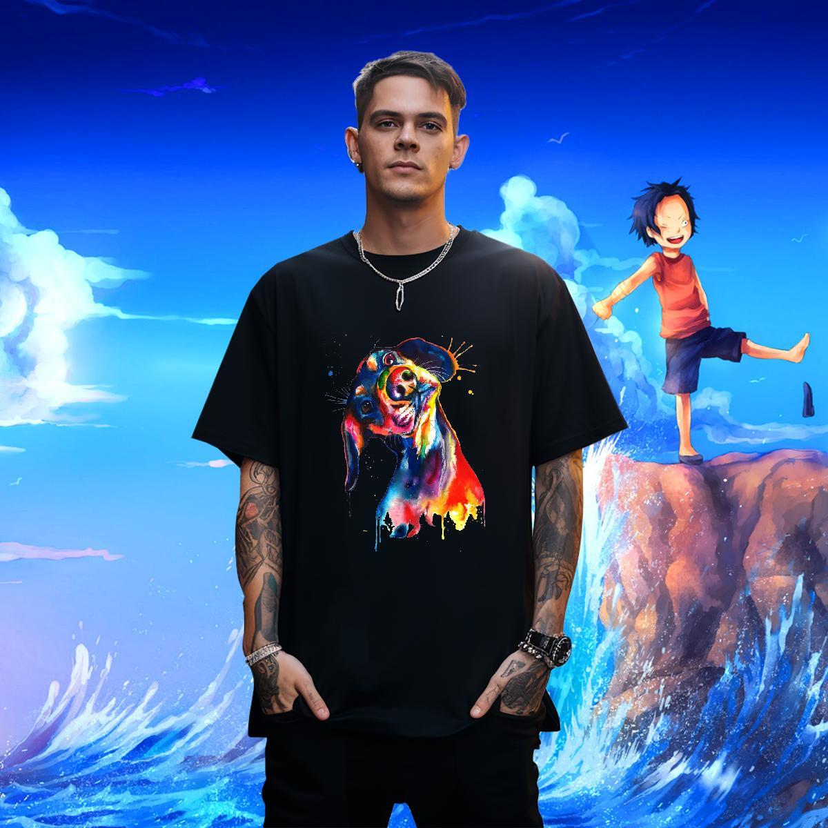 New Arrival Man T Shirts 230g Cotton coloful dog Street Wear Clothes O Neck Short Sleeves Loose Fit Tshirts Asian Size