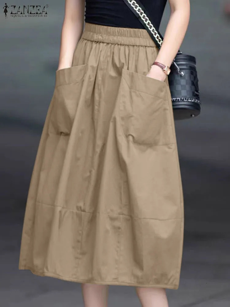 ZANZEA Women Cargo Long Skirt Casual Loose Elastic Waist Midi Skirts Holiday Solid Korean Jupe Summer Straight Pleats Falda 240806