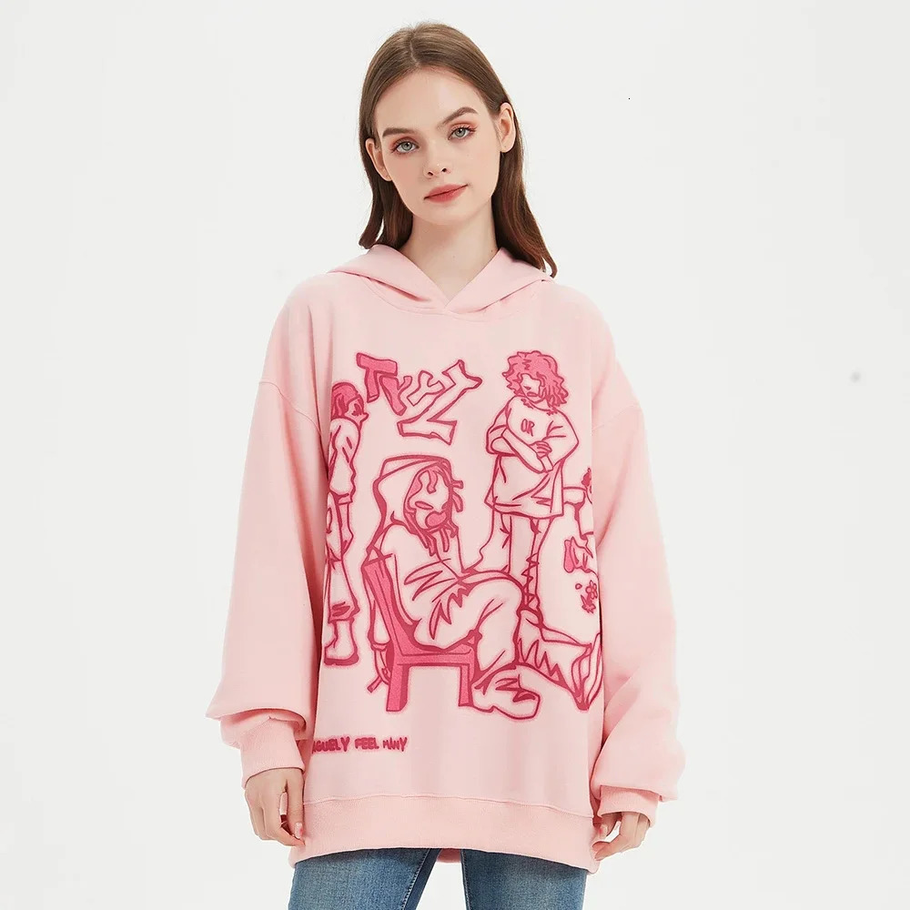 Y2K Streetwear Pink Hoodie Sweatshirt Funny Cartoon Graphic Hoodie Autumn Harajuku Anime Hooded Pullover Hip Hop Hipster 240806