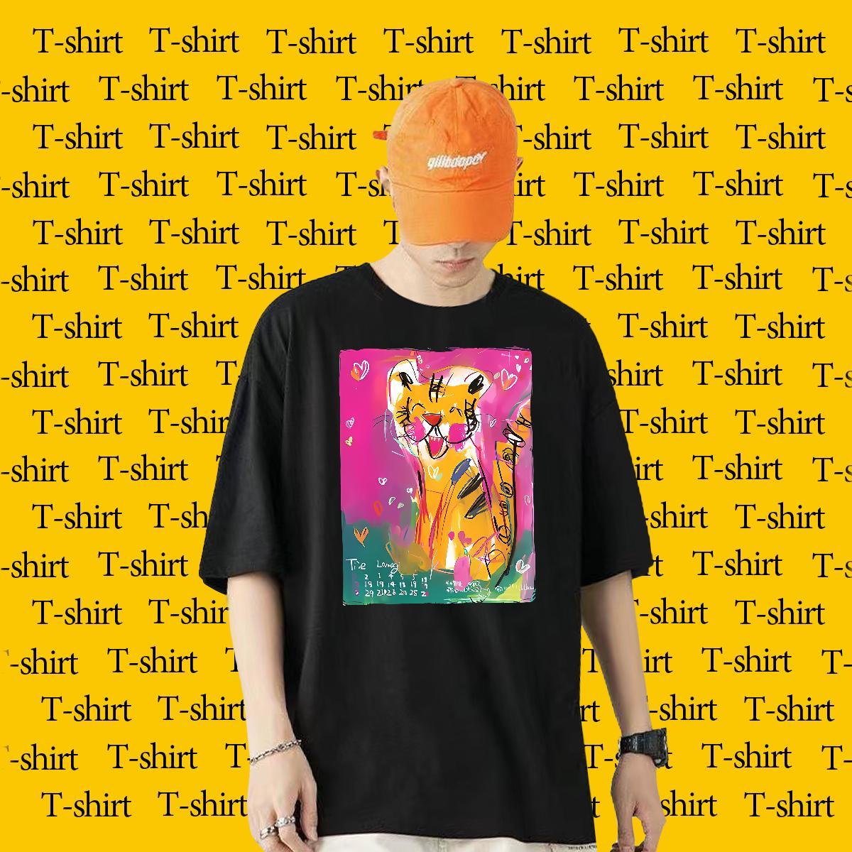 Casual New T shirt 100% Cotton 230g tiger Anime Printing Street Tops Shirt Breathable Short Sleeve Classic Men Clothes T-Shirt Oversized 4XL