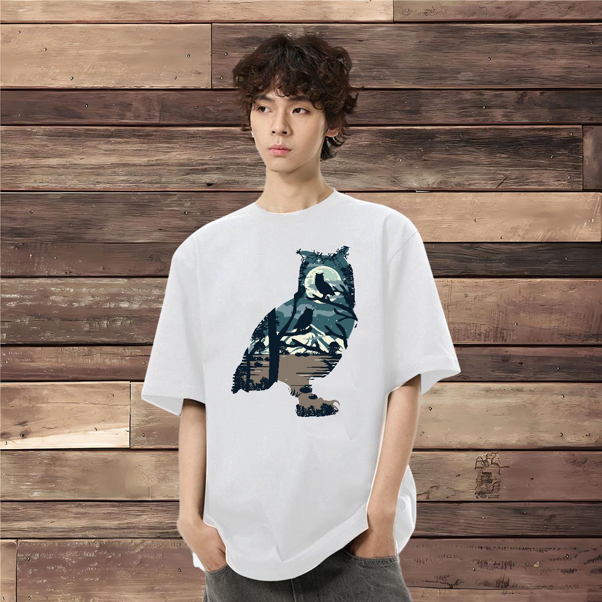 Designer Fashion T Shirt For Man 230g Cotton Owl Sport Tops Tees O Neck Short Sleeves Cool Men Tees Cartoon Print