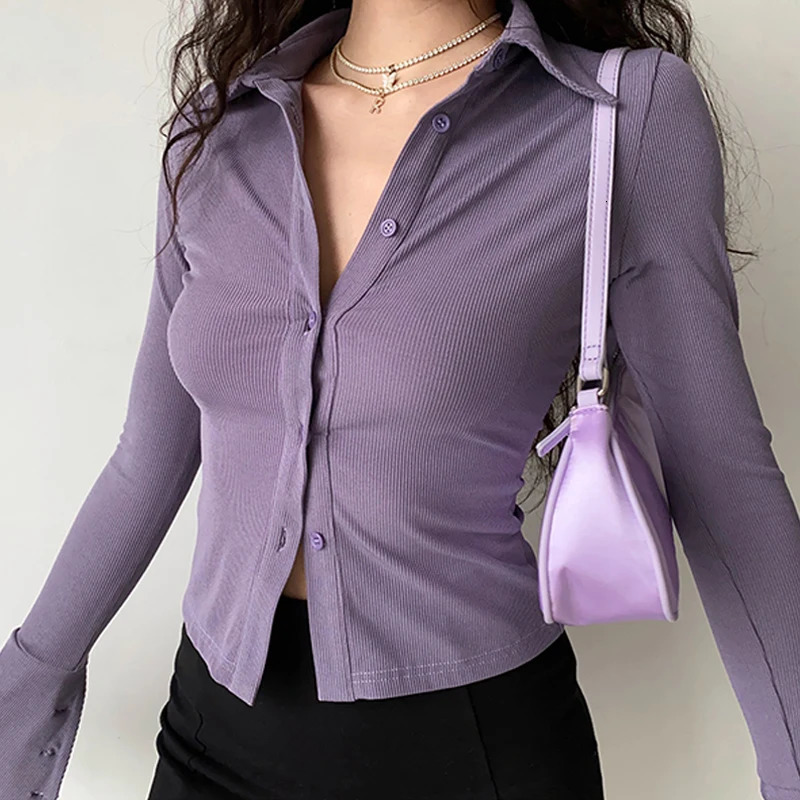 Purple Polo Turn Down Collar Flared Long Sleeve Blouses And Shirts Women Vintage Elegant Y2k Button Spring Autumn Tops Cardigan 240806