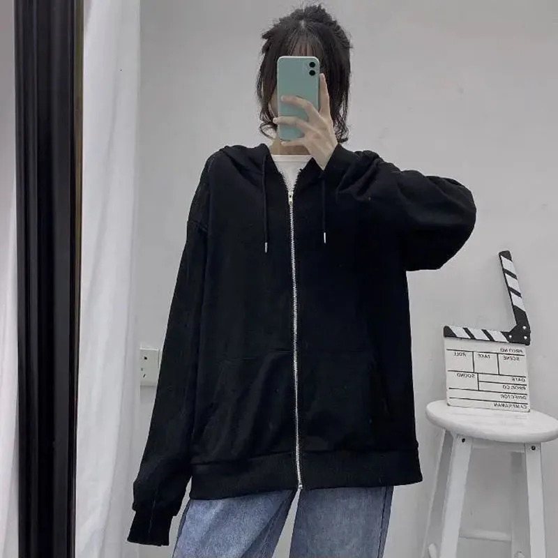 Autumn Womens Zipper Hoodie High Street Double Pockets Sweatshirts Outerwear Top Woman Grey Oversize Loose Hoodies Ladies 240806