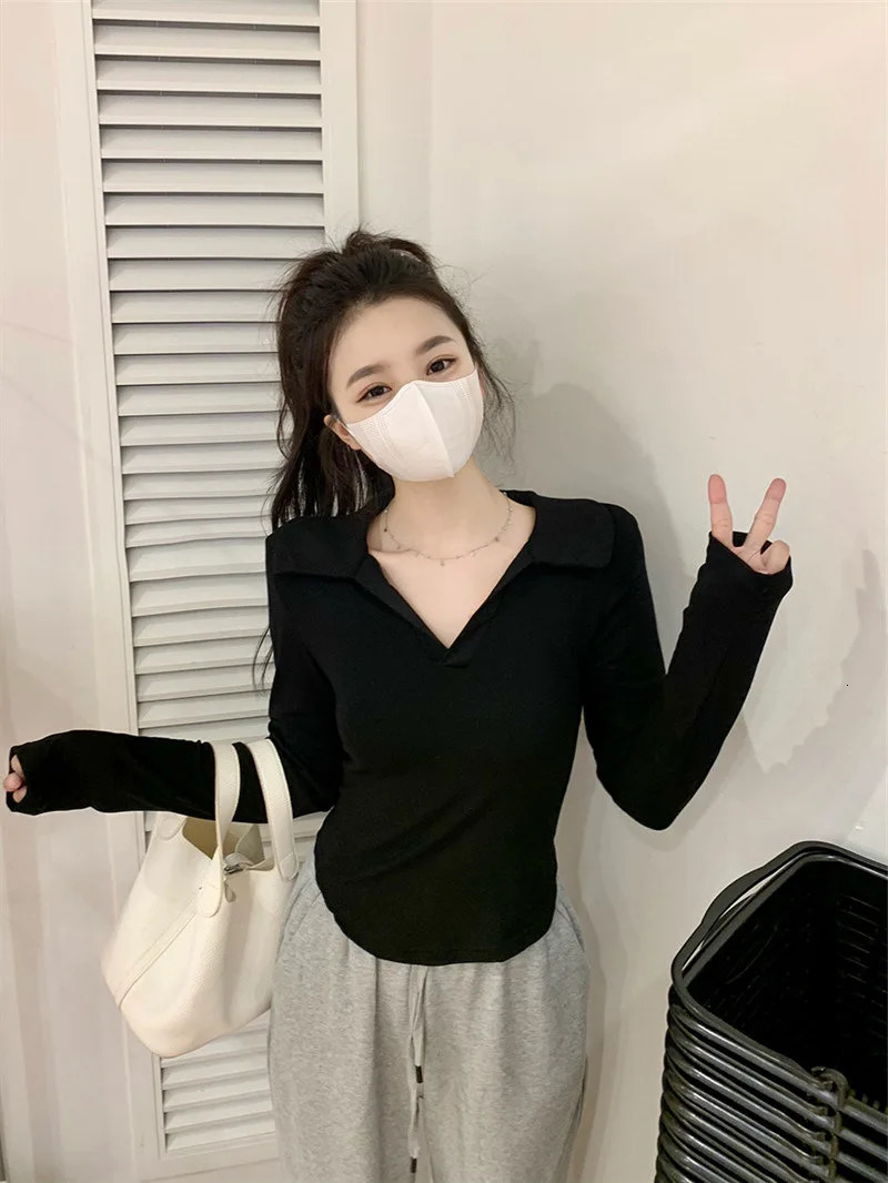 Spring and summer polo neck short sleeved T-shirt white long sleeved slim fit casual shirt womens zipper basic T-shirt 240827