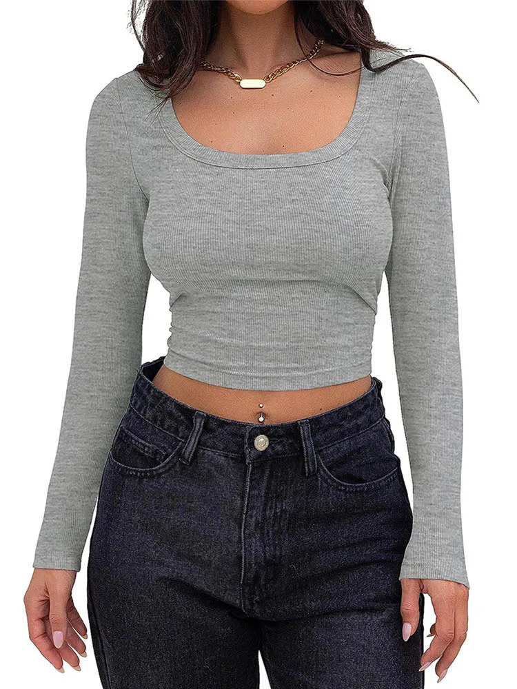 Womens Long Sleeve Square Neck Crop Top Ribbed Slim Fitted Y2K Casual T-Shirt Tops 240806