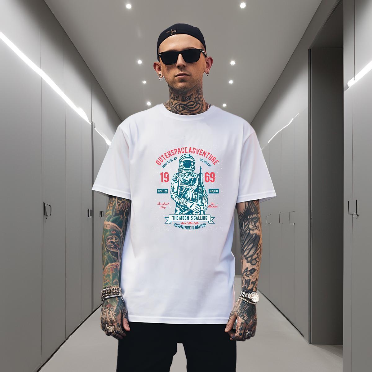 T shirt 230g 100% Cotton cosmonaut High Street Hip Hop Breathable Short Sleeve Custom Printed Men Clothes T-Shirt Classic Loose Tops