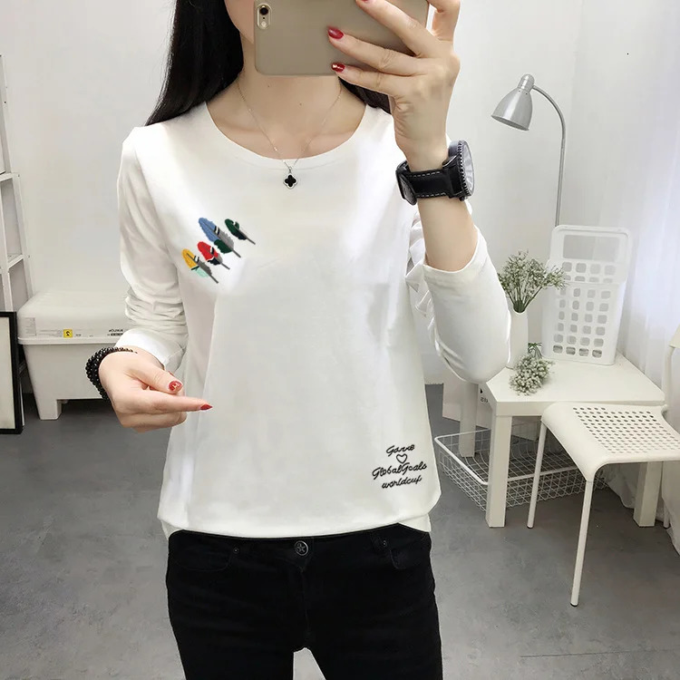 Long Sleeve T-shirt Women Simple Print Round Neck Top Loose Base Shirt Outdoor Wear Autumn Clothes 240806