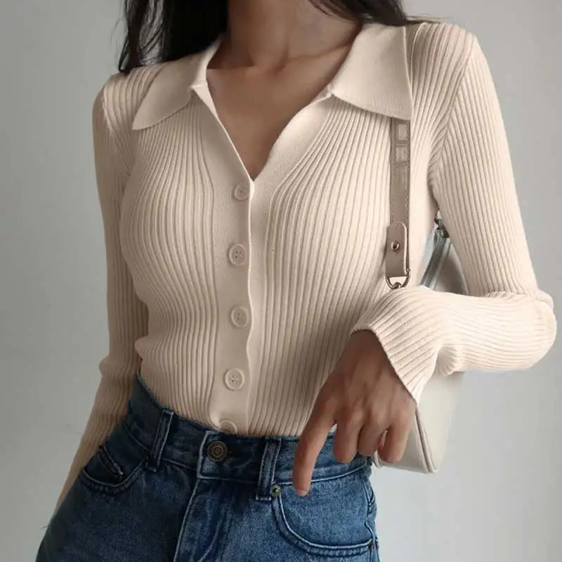 Ladies Buttons Sexy V Neck Long Sleeve POLO Neck Knit Cardigan Sweater Women Lapel Slim Tops 240806