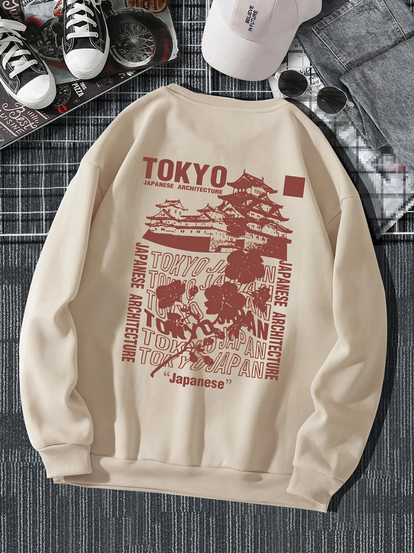 Japanese Tokyo Sakura Printing Spring Casual Women Pullover Sweatshirt Warm Soft Hoodies Loose Crewneck Fleece Female Clothing 240806