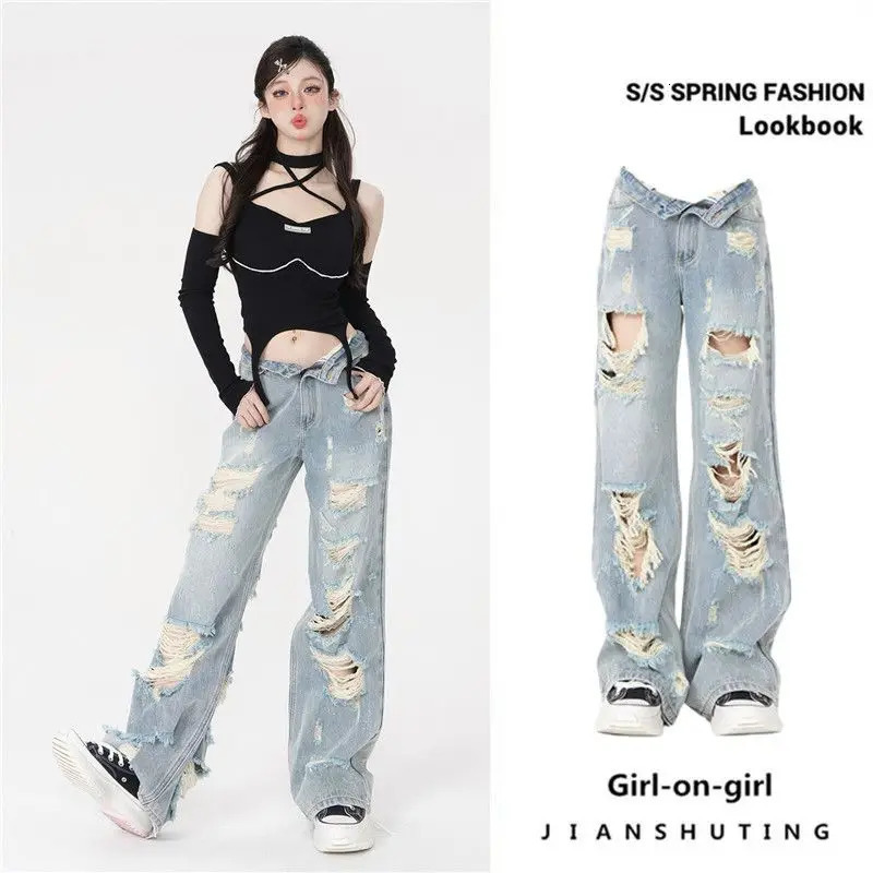 Summer Korean Fashion Loose Jeans for Women Denim Hole Broken Retro Streetwear Spicy Girls Wide Leg Cargo Pants Women Clothing 240806