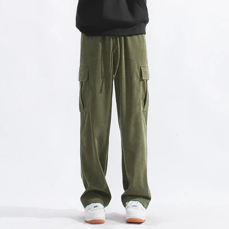American Vintage Autumn Corduroy Casual Work Pants Mens Solid Elastic Waist Pocket Patchwork Drawstring Loose Straight Trousers 240806