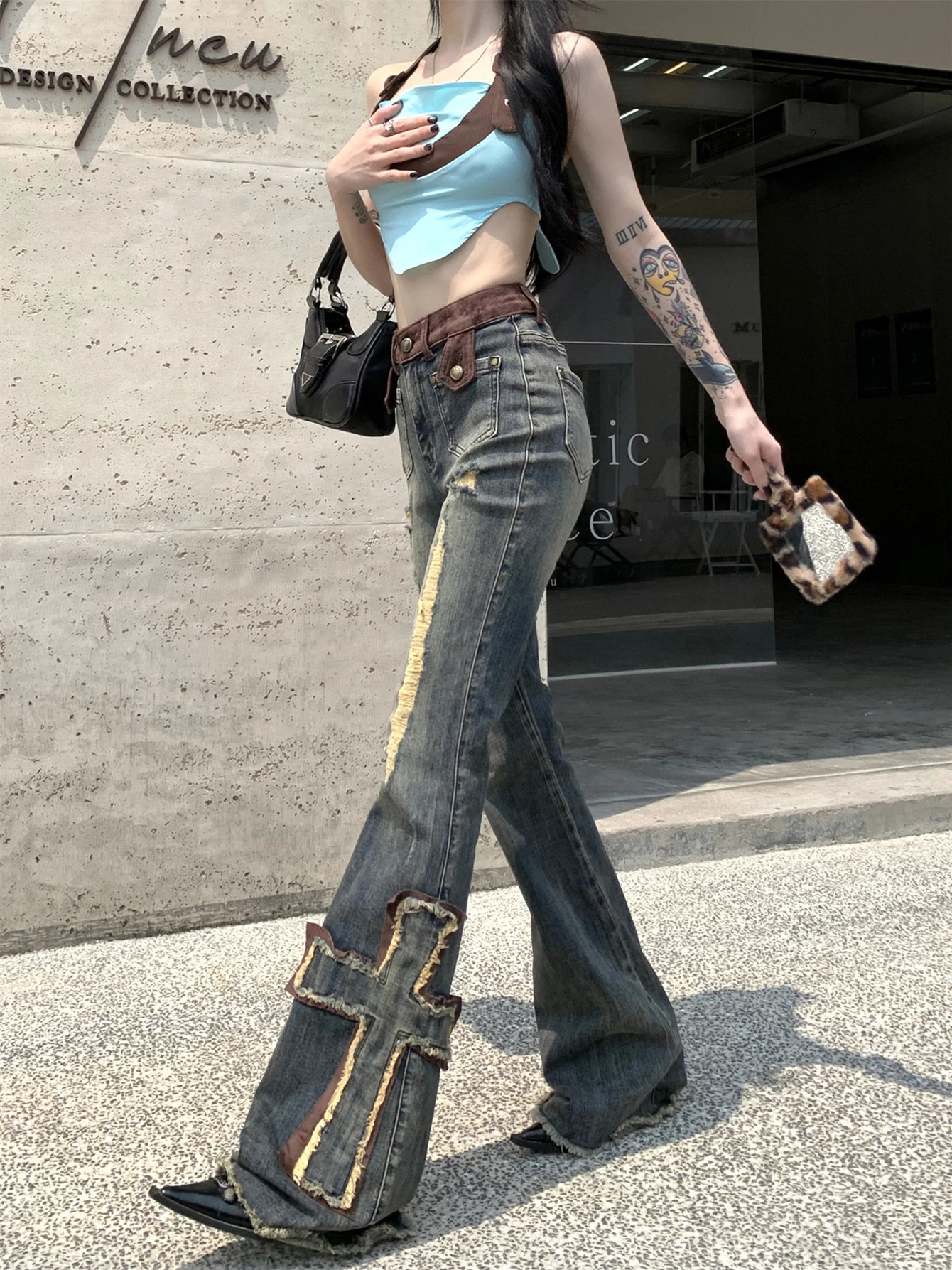 ReddaChic Cross Patchwork Bootcut Pants for Women Destroyed High Rise Slim Trousers Y2k Flare Jeans 90s Retro Korean Streetwear 240806