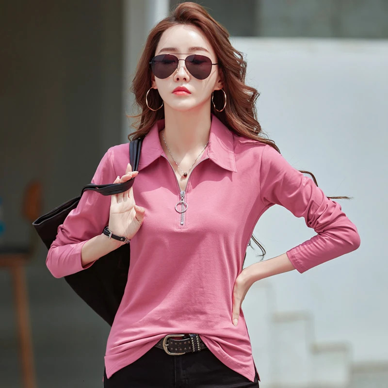 Korean style cotton polo shirt for women fashionable long sleeved candy colored zipper lapel polo shirt 240827