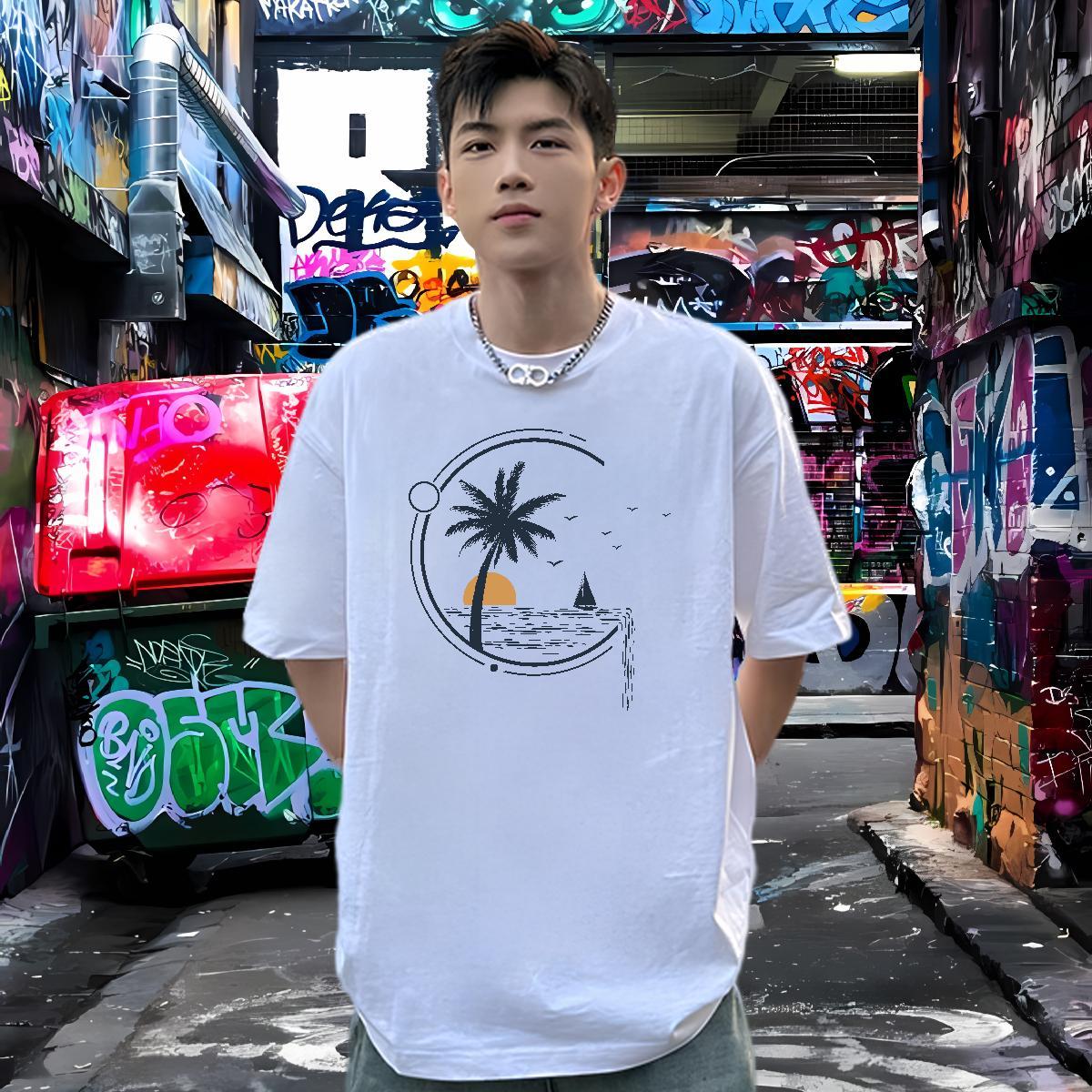 Brand T Shirts Men 230g 100% Cotton sea Beach Polos Breathable Classic Men Tops Tees Cartoon Print