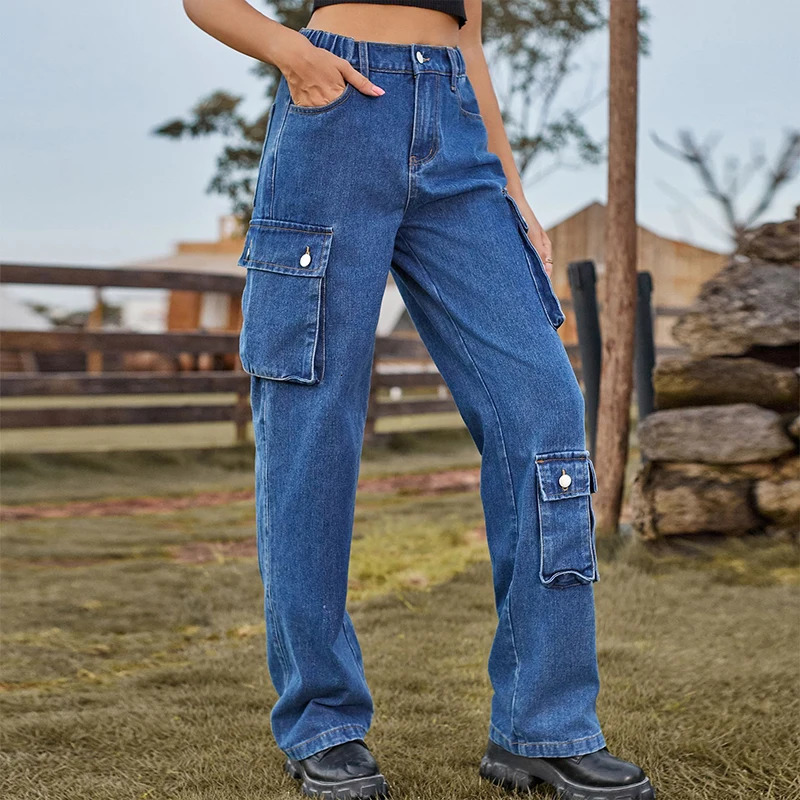 Syiwidii-Womens Cargo Pants Elastic Waist High Waist Denim Trousers Female Clothes Fashion Casual Jeans Big Pocket Loose 240806