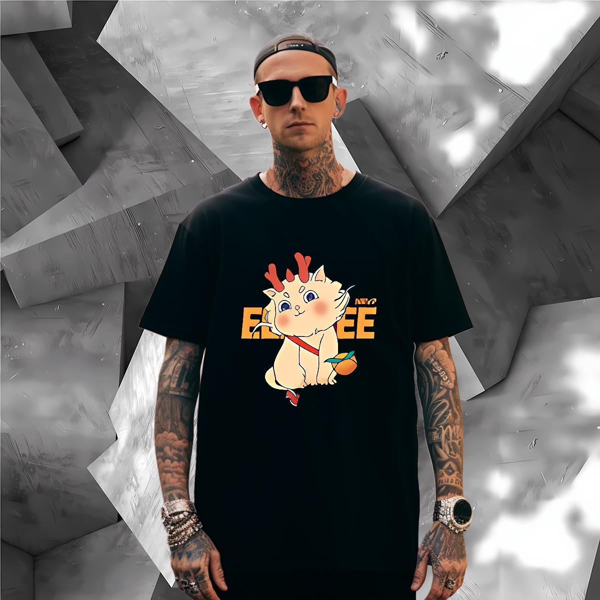 T Shirts Men 230g 100% Cotton cat Outdoor Breathable Crew Neck Plus Size Cartoon Couples T Shirts Fashion Unisex Polos