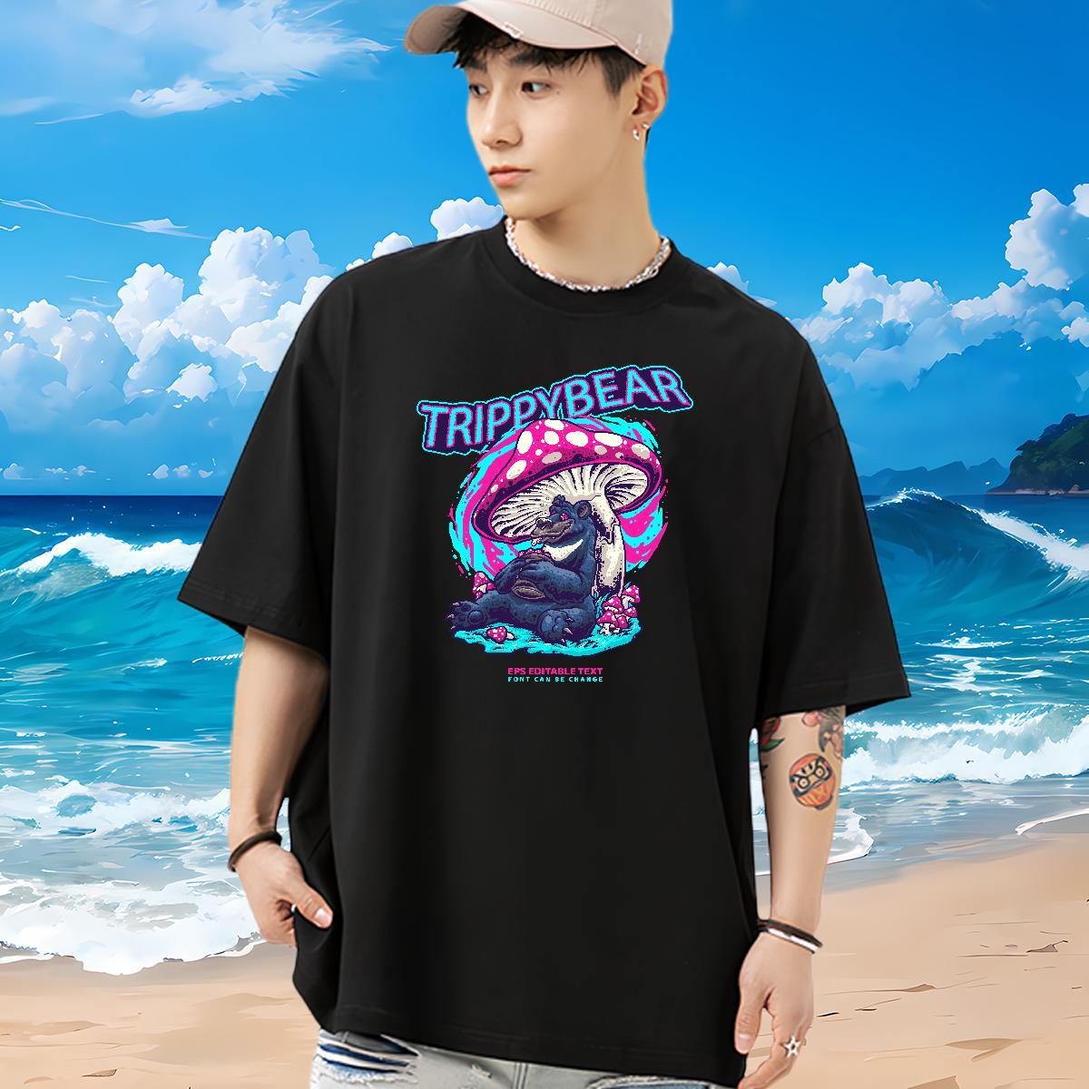 2024 Summer T-Shirts 230g Pure Cotton mushroom Street Casual Tops Breathable Short Sleeve Comfortable Men Tees DIY Logo Oversized