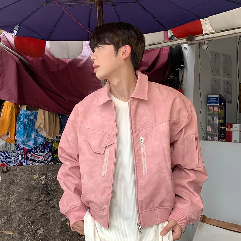 Mens Cropped PU Leather Jacket Fashion Turn-down Collar Gradient Color Retro Coat Zipper Mens Motorcycle Outwear Spring Pink 240806