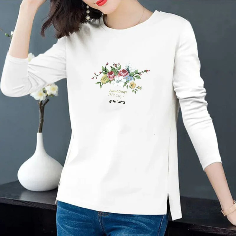 100 Cotton Spring Fashion Versatile Long Sleeve Round Neck Slim Fit Casual Base Shirt Women T-shirt 240806