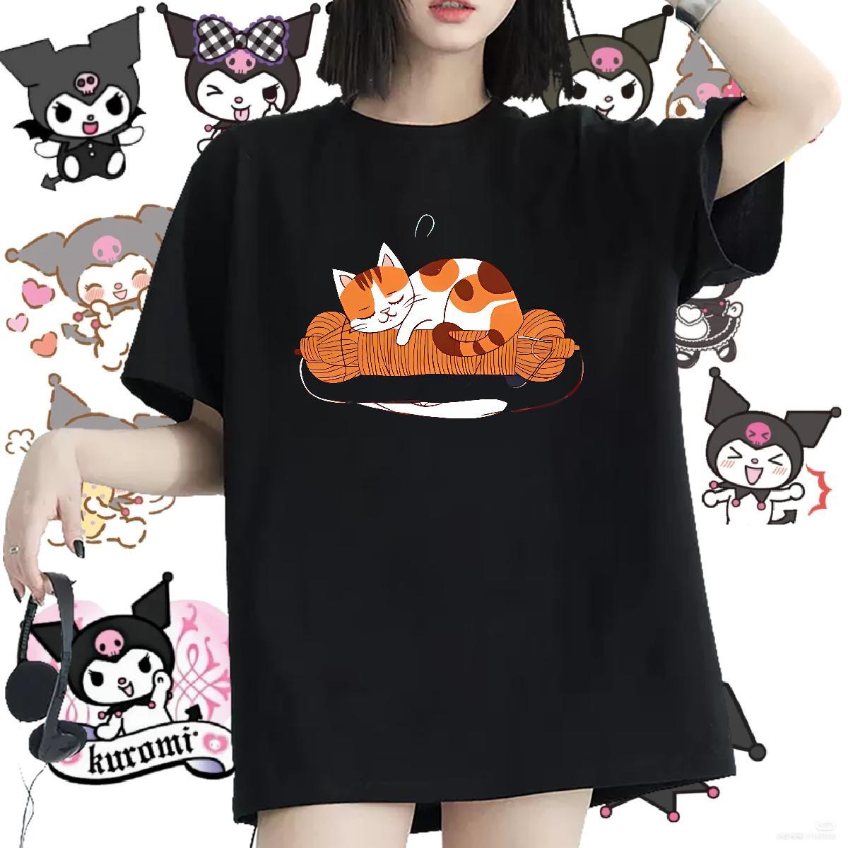 Loose T Shirts Women O-Neck Short Sleeve Women Tees DIY Anime Printed cat Casual 230g Pure Cotton TOP Quality Wear