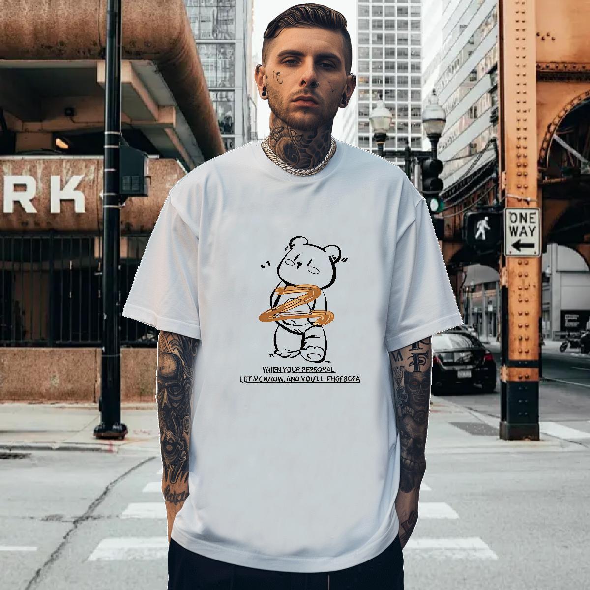 Man T Shirts 230g Pure Cotton bear High Street Hip Hop Crew Neck Anime Print Tshirt for Man Woman Wholesale High Quality Polos