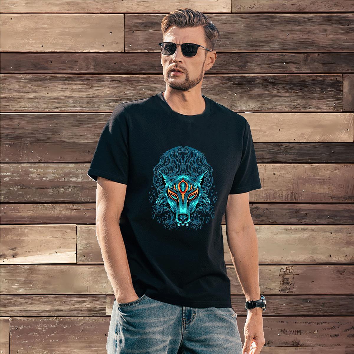 Designer Tshirts 230g Cotton wolf T Shirt For Man Casual Breathable Crew Neck Cartoon Print New Designer Tees Shirts