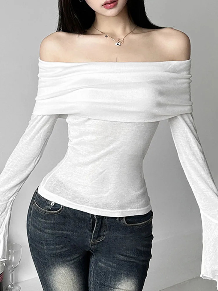 Y2k Aesthetic Simple Fashion Womens Tee Shirts Slash Neck Long Sleeve Solid Casual T-Shirts Vintage Off Shoulder Trendy Tshirts 240806