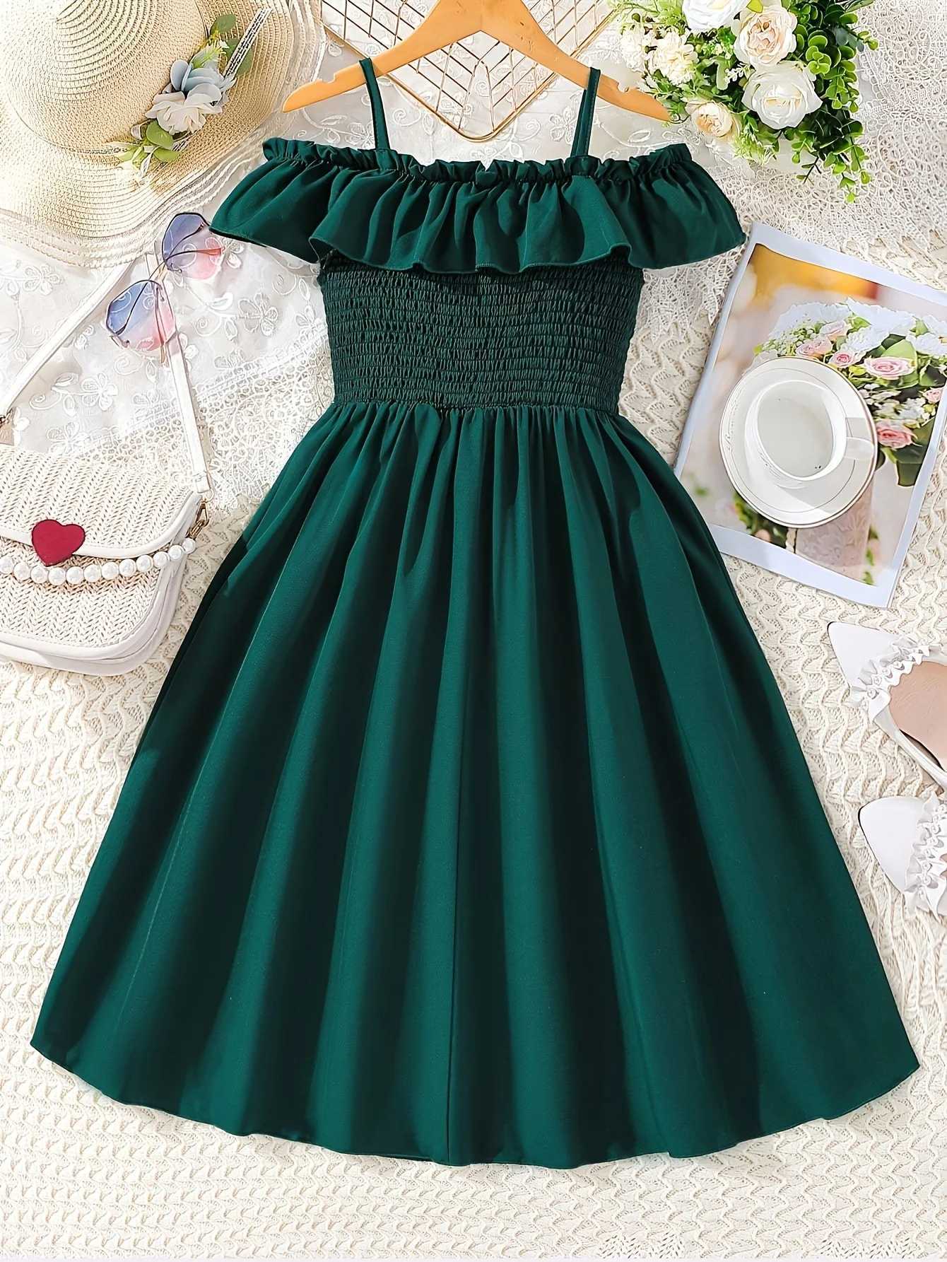 Summer girls high school girls big girls dark green pleated shoulder elegant dressW240720
