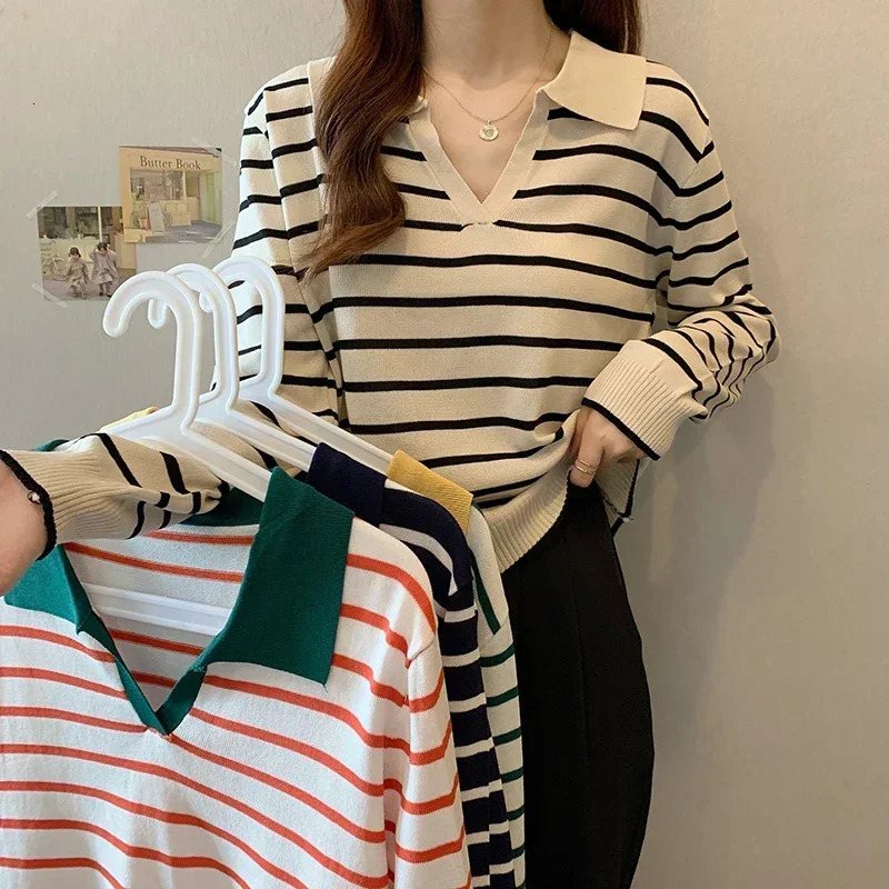 Striped V-neck Pullover Polo Sweater Womens Early Autumn Casual All-match Tops Long-sleeved Knitted Bottoming Sweaters Jumpers 240806