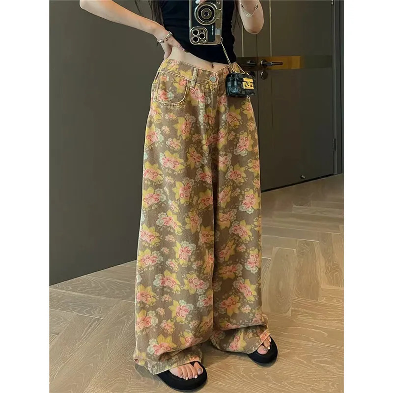 Womens Elegant Vintage High Waist Ripped Jeans High Street Baggy Yellow Pants Fashion Wide Leg Y2K Floral Print Denim Trousers 240806