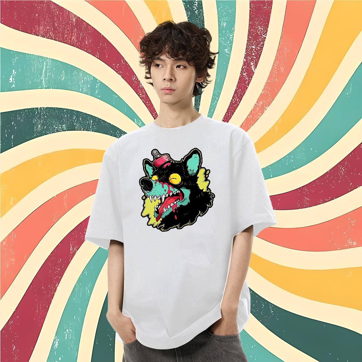 Casual New Men T Shirts 100% Cotton 230g wolf Street Casual Polos Breathable Crew Neck Loose Men Tops Tees White Plus Size