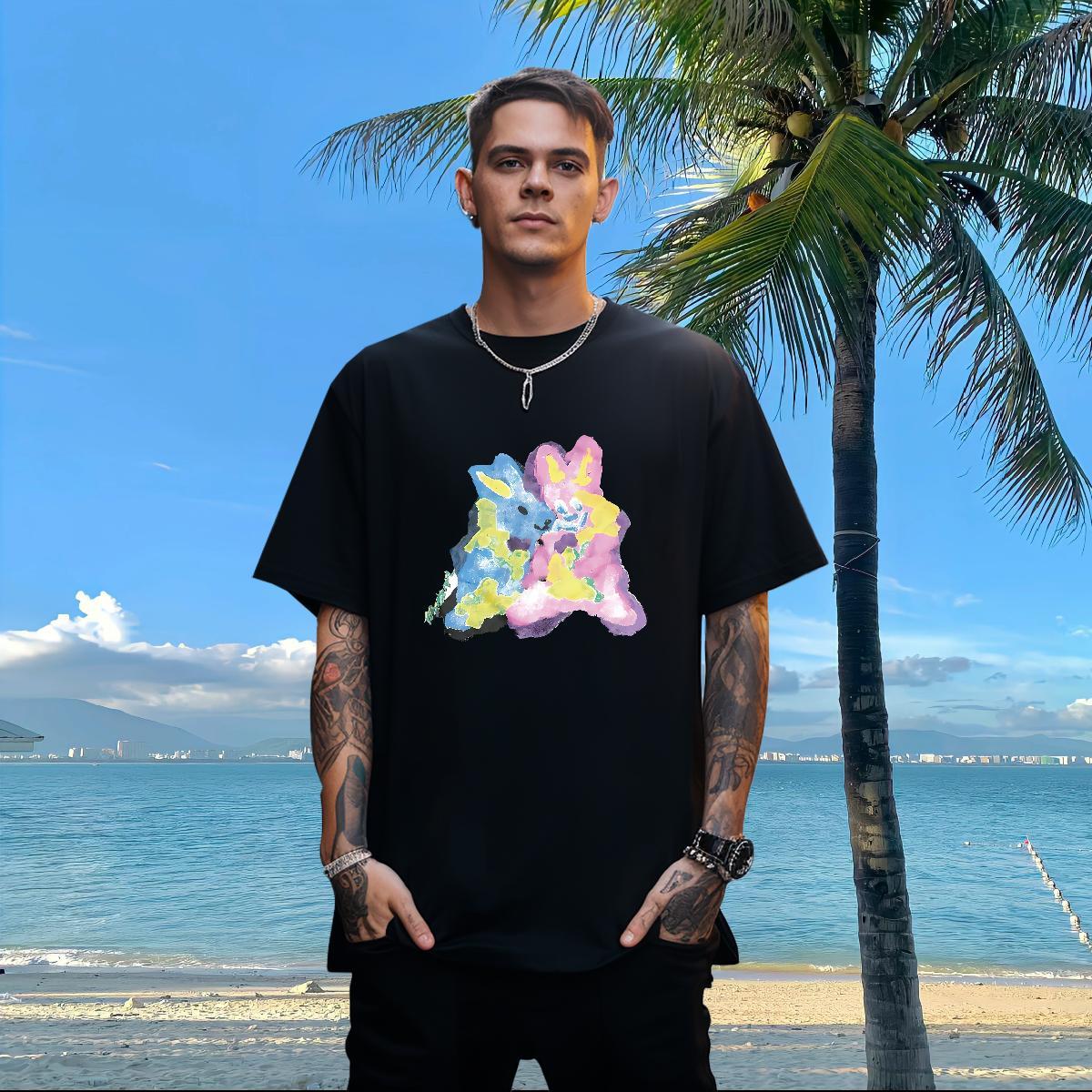 Classic T Shirts Men 230g Cotton rabbit Daily Outfit Tee Shirt Crew Neck Breathable Unisex Men Tshirts Skull